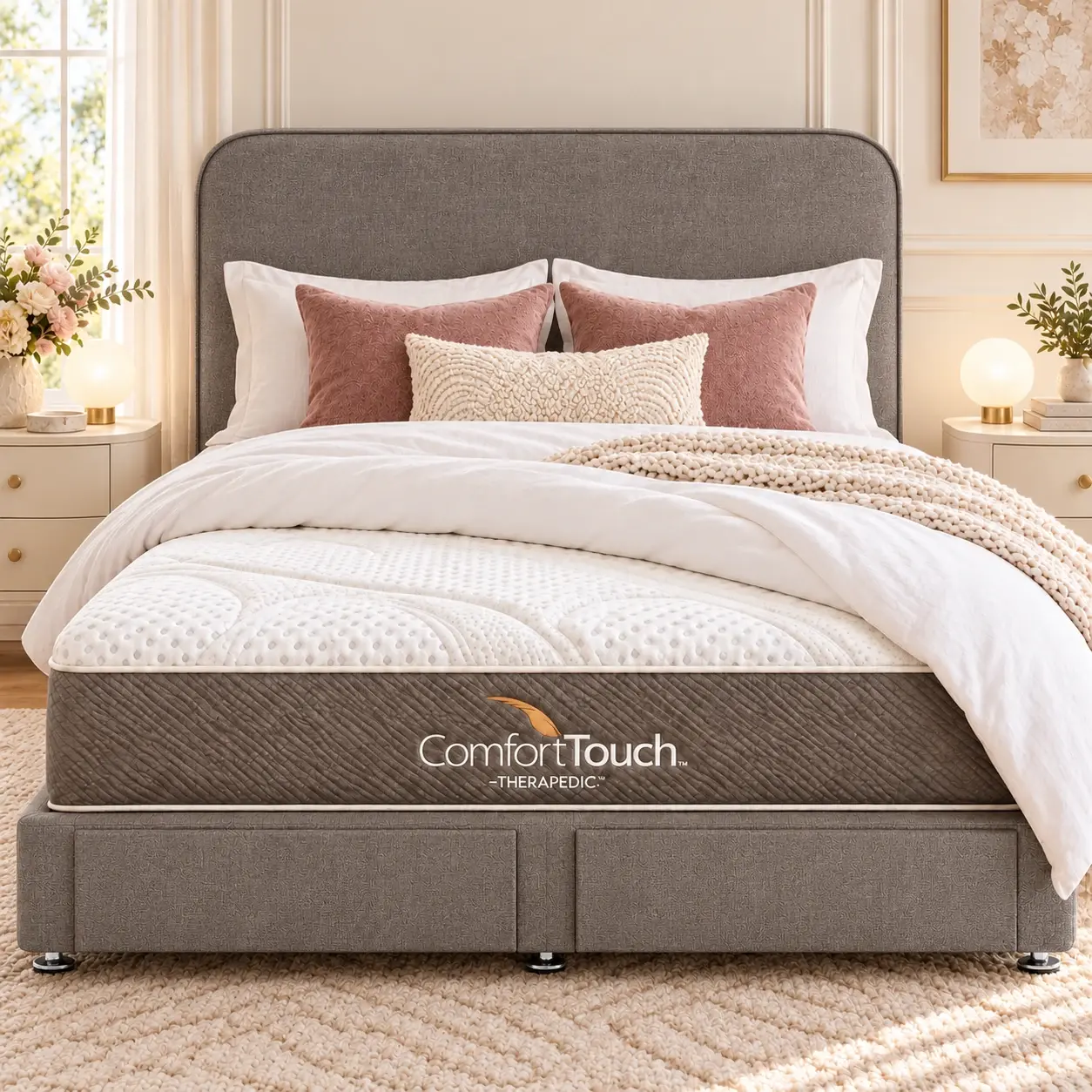 Therapedic Comfort Touch mattress with its range logo, styled with a warm light grey upholstered bedhead and drawer base