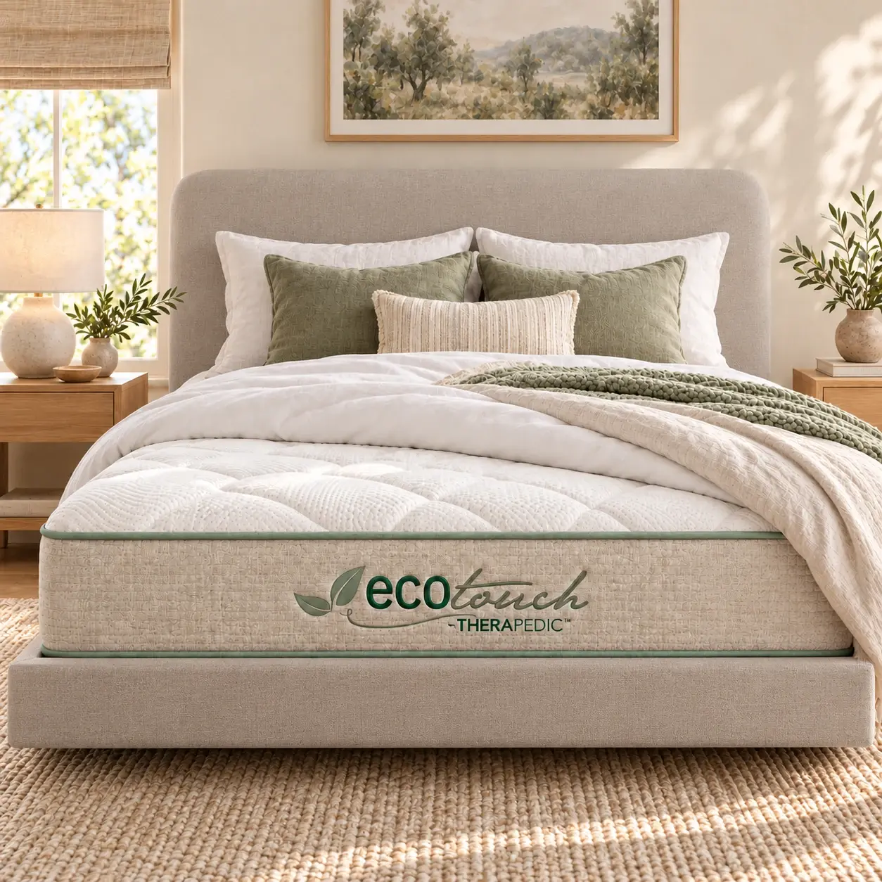 Therapedic Eco Touch mattress with its range logo, styled with a warm oatmeal upholstered bedhead and floating base