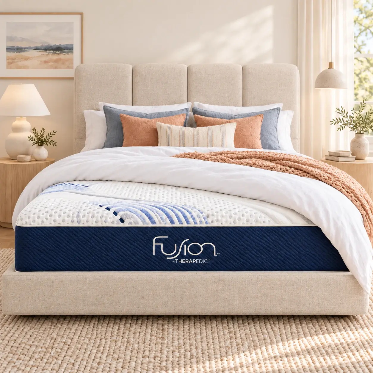 Therapedic Fusion™ mattress with its range logo, styled with a warm cream upholstered bedhead and floating base