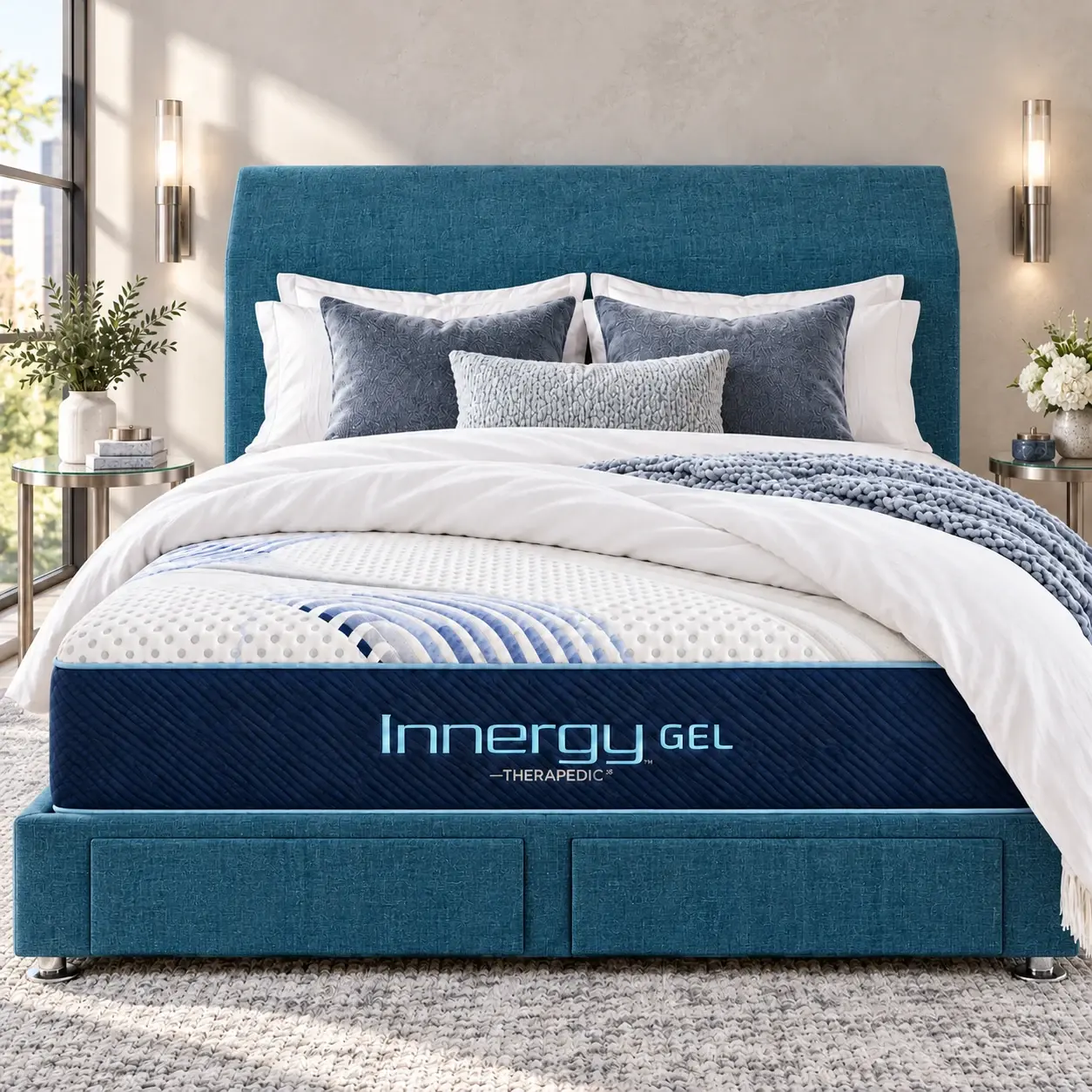 Therapedic Innergy™ GEL mattress with its range logo, styled with a peacock teal upholstered bedhead and drawer base