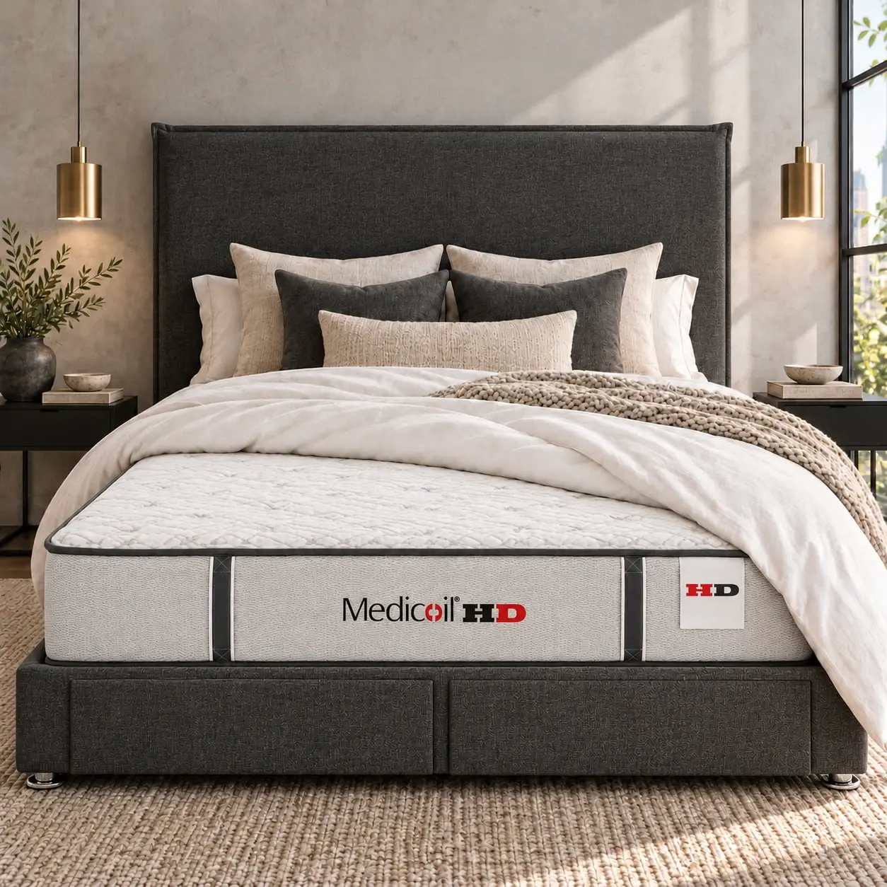 Therapedic Medicoil® mattress with its range logo, styled with a charcoal upholstered bedhead and drawer base