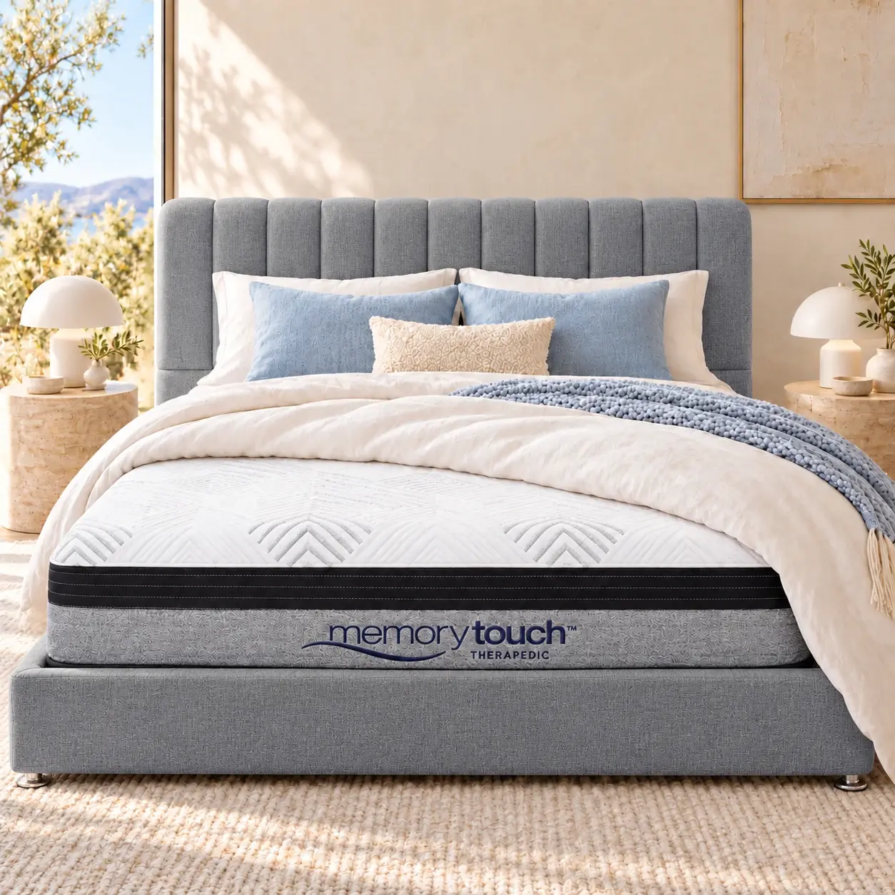 Therapedic MemoryTouch™ mattress with its range logo, styled with a muted blue-grey upholstered bedhead and standard base