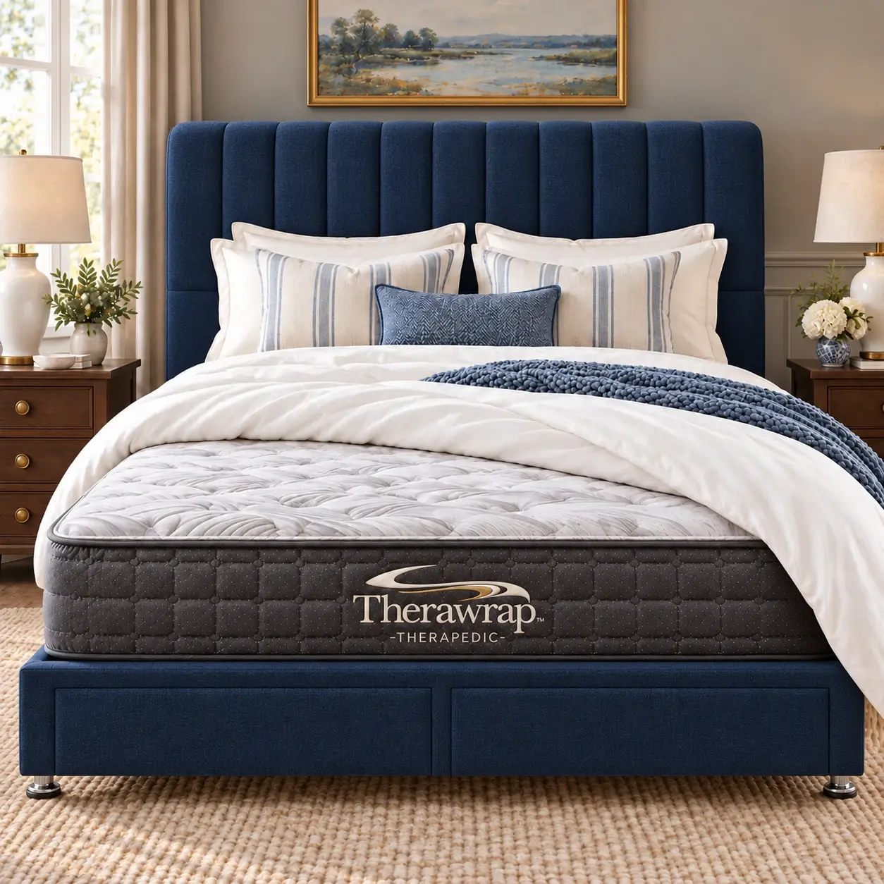 Therapedic Therawrap™ mattress with its range logo, styled with a deep navy blue upholstered bedhead and drawer base